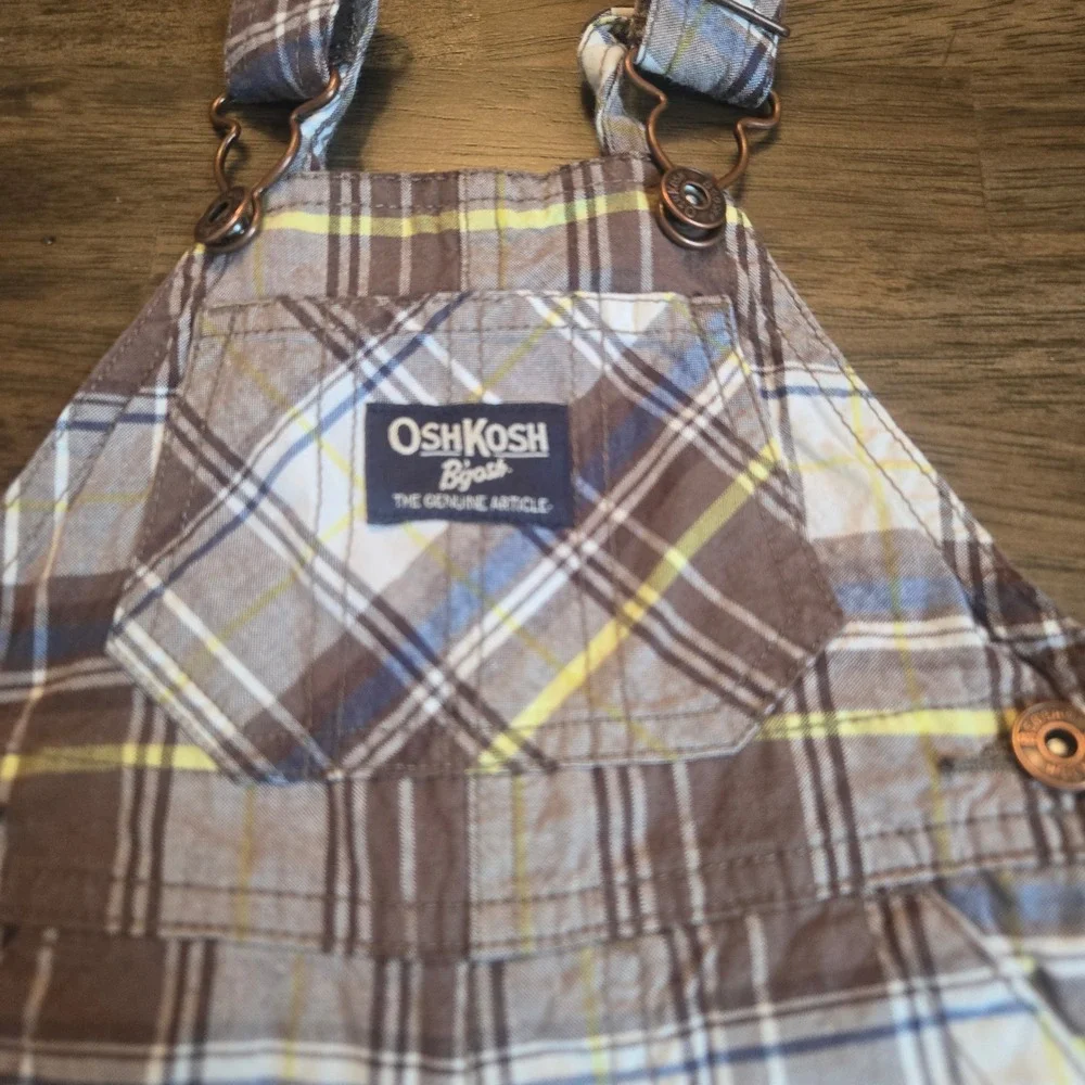 OshKosh Bgosh Baby Boys Brown Blue Yellow Plaid Shortall Overalls 6 Months